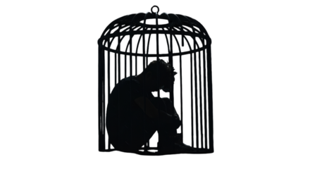 Silhouette Of A Man Trapped Inside A Cage Abstract Illustration On Black Background