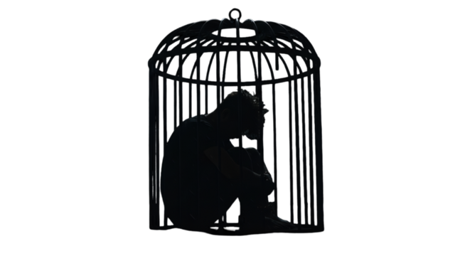 Silhouette Of A Man Trapped Inside A Cage Abstract Illustration On Black Background