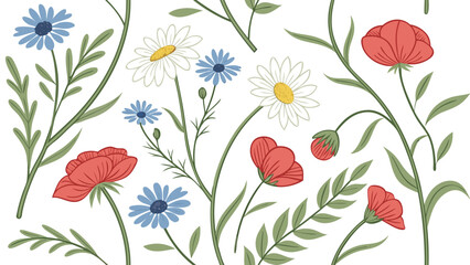 Seamless Watercolor Floral Pattern with Hand-Drawn Wildflowers and Berries