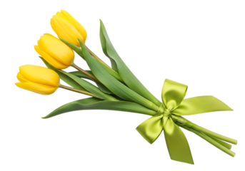 Vibrant Yellow Tulip Bouquet with Lime Green Satin Bow: Spring Floral Arrangement, Isolated on Black, transparent background