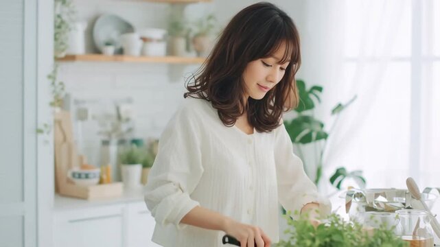 キッチンに立つ日本人女性