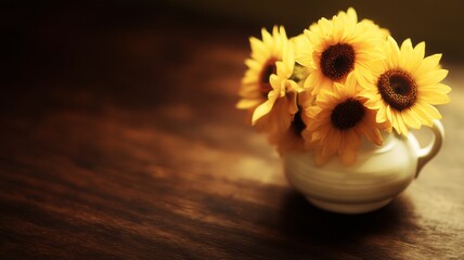 A white vase holding bright yellow sunflowers stands on a dark wooden surface,