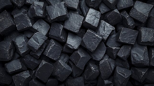 Close-up image of black charcoal briquettes stacked tightly together, showing textured surfaces and a matte finish.