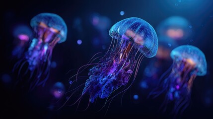 Glow jellyfish in deep dark blue sea