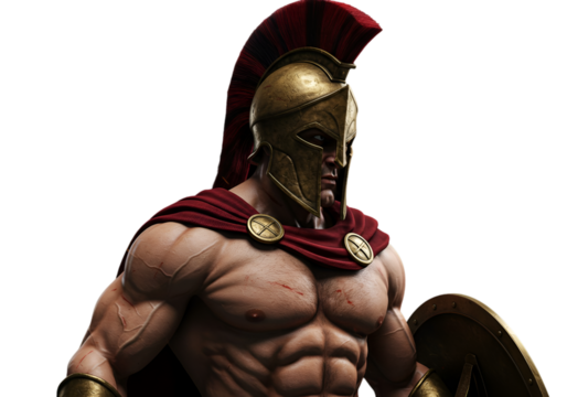 Warrior Spartan 3D Render In Gold And Red Armor With Shield Isolated