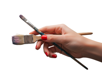 Woman Hand Holding Paint Brushes With Red Nails Photo Art Illustration