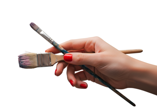 Woman Hand Holding Paint Brushes With Red Nails Photo Art Illustration