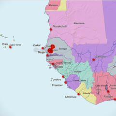 Obraz premium Colorful location map with red stick pin at Banjul, Gambia, Africa and the surrounding area