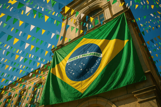 Brazilian flag and festive banners adorning historic building under clear sky