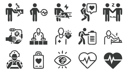 Fototapeta premium Medical Symbol Set Pictograms Featuring Treatment, Diagnosis and Care Related Icons Including Heart Health and Patient Well-being