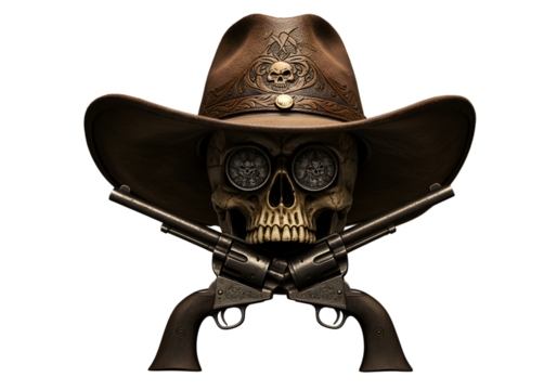 Steampunk Cowboy Skull Illustration With Guns On Transparent Black Background