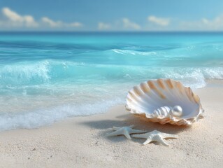 Seashell with Pearls on Sandy Shore with Ocean Waves