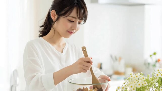 キッチンに立つ日本人女性