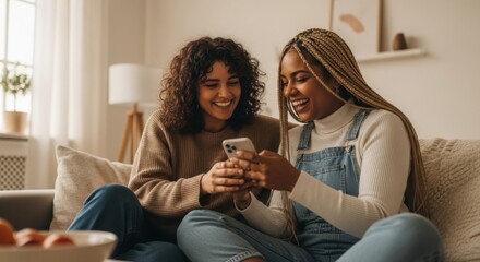 Two young women laughing while looking at a smartphone together sitting on a couch in a living room