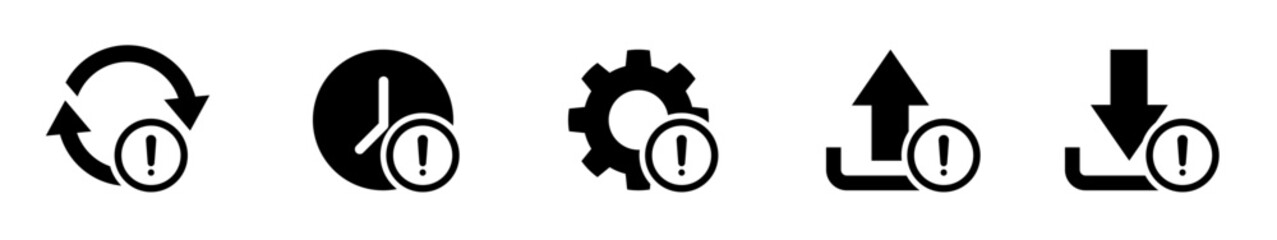 Black and white glyph icon set showing system status symbols: update, refresh, processing, upload, download, error, warning, notification, data transfer, sync, vector use