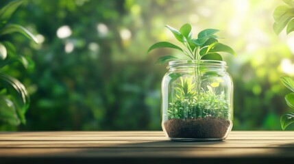Small plant in glass jar nature background