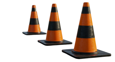 Three Orange And Black Safety Cones Isolated On Transparent Background