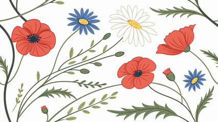 Seamless Watercolor Floral Pattern with Hand-Drawn Wildflowers on White Background