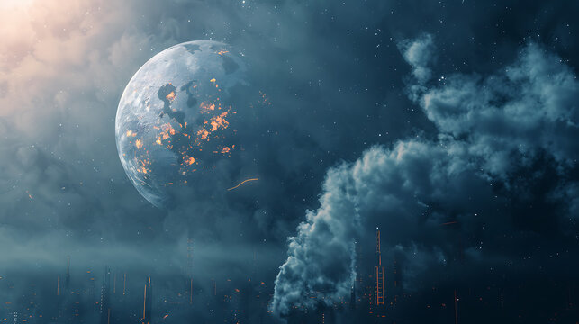 A celestial body with fiery spots looming over a cityscape shrouded in mist and cloud formations