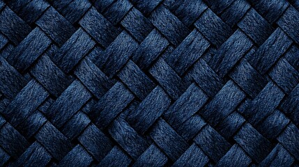 Fototapeta premium Close-up of a detailed woven fabric pattern with a dark blue and black color scheme, showcasing textured threads intertwined in a crisscross design.