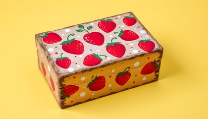 Obraz premium cute wooden box with red strawberry pattern and white polka dots, on a bright yellow background