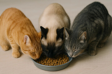 Cat Trio Sharing Mealtime Together