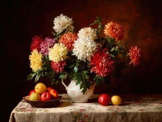 Autumn Floral Bouquet with Fresh Fruits on Lace-Covered Table Still Life