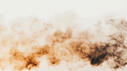 Wisps of brown and black smoke swirl against a white background, creating a fluid, abstract pattern.