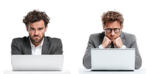 Set of frustrated businessman intensely focused on a laptop screen front view isolated on a transparent background