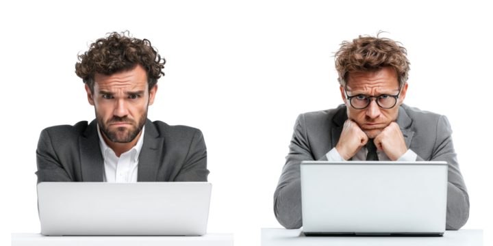Set of frustrated businessman intensely focused on a laptop screen front view isolated on a transparent background