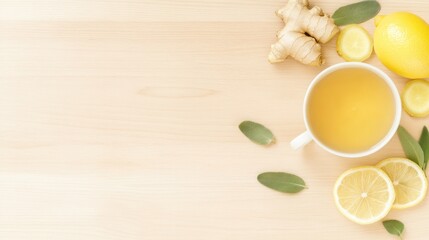 Herbal tea with lemon ginger and sage on wooden table