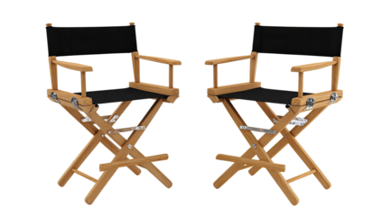 Two black canvas director's chairs, light wood frame,  folding, studio style
