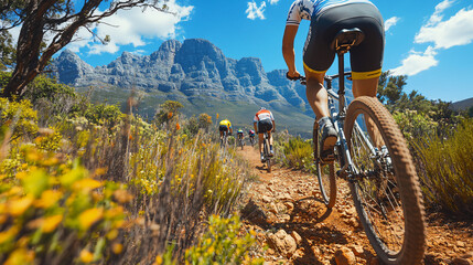 Fototapeta premium A mountain biker riding down a challenging trail surrounded by beautiful scenery and nature