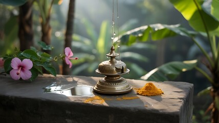 Brass diya and hibiscus flower used in a hindu prayer ritual