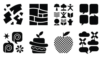 Naklejka premium Black and White Icons Collection for Business and Design Projects Including Education Communication Food and General Symbolism for UI UX Designs