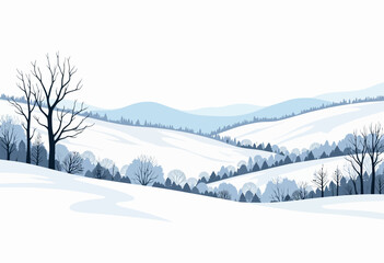 Snowy winter landscape with hills and bare trees in blue tones  