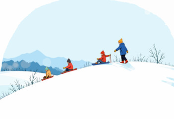 Children sledding down a snowy hill in a winter landscape  