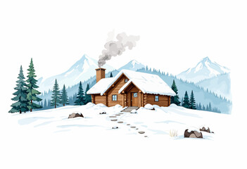 Cozy log cabin in winter snow with smoke rising from chimney  