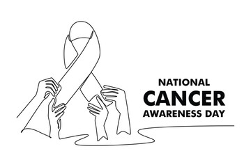 Hands holding awareness ribbon. National cancer concept. Single line draw design. Vector graphic illustration