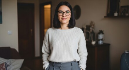 A young woman with short brown hair and glasses stands with her hands in her pockets wearing a cozy knit sweater and grey trousers