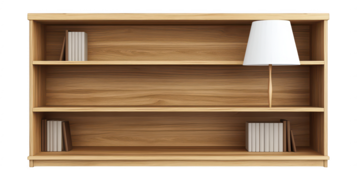 Wooden bookshelf with lamp and books on transparent png background
