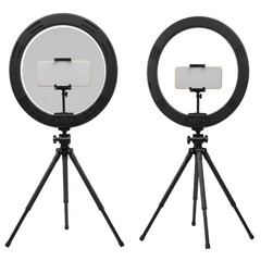 Obraz premium Two Black Ring Lights On Tripods With Smartphones In Transparent Background