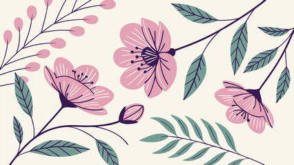 Repeating Hand-Painted Watercolor Background with Stylized Pink Flowers and Leaves