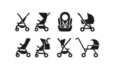 Baby stroller silhouette icon set. infant carriage, pram, pushchair icons collection.