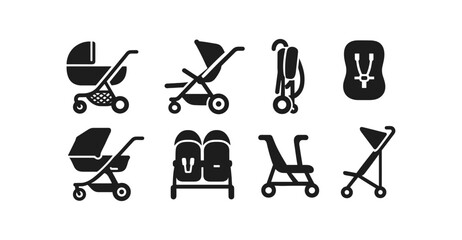 Baby stroller silhouette icon set. carriage, pram, buggy silhouettes collection