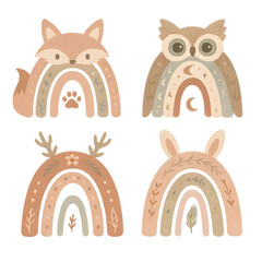 Whimsical set of pastel rainbow illustrations featuring fox, owl, deer, and bunny with nature-themed accents, perfect for nursery decor.
