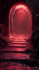 Stone Archway Tunnel Leading Into Dark with Eerie Red Lighting