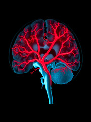 This striking image of a cerebral angiogram highlights the brain's blood vessels with a vivid red overlay. It provides a detailed view of the cranial vasculature, aiding in diagnosis and analysis.