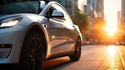 Stunning photo of sleek electric vehicle is parked on a city street at golden hour, with warm sunlight highlighting its design against a blurred background of urban scenery.