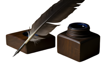 Vintage Illustration Of Feather Dipped In Inkwell On Isolated Black Background